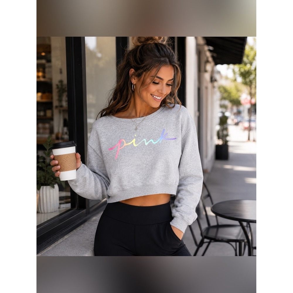 PINK Victoria's Secret XS Gray Rainbow Logo Crop Sweatshirt Pullover Cozy